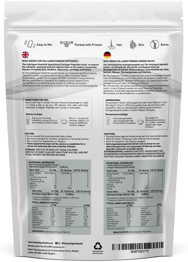 The Intelligent Health Hydrolyzed Collagen Peptides Powder, Grass Fed, High Protein, Unflavored, Gluten-Free, Paleo & Keto Friendly, 10g per Serving (200g) Supports Skin, Hair, Nails, Joints, & Bones