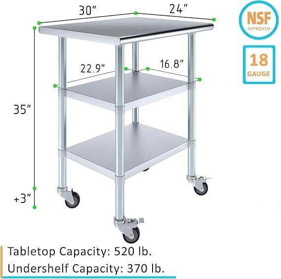 Stainless Steel Work Table with 2 Shelves and Casters | Metal Utility Table On Wheels (30" Long x 24" Deep)
