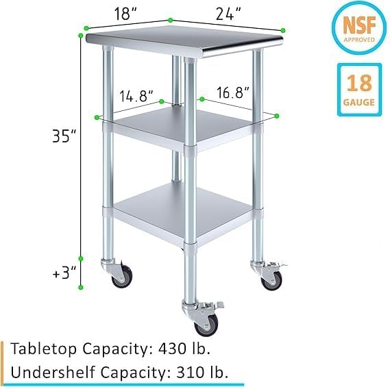 Stainless Steel Work Table with 2 Shelves and Casters | Metal Utility Table On Wheels (18" Long x 24" Deep)