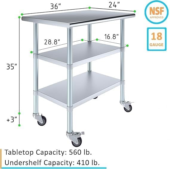 Stainless Steel Work Table with 2 Shelves and Casters | Metal Utility Table On Wheels (36" Long x 24" Deep)