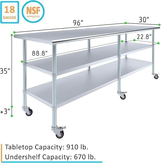 Stainless Steel Work Table with 2 Shelves and Casters | Metal Utility Table On Wheels (96" Long x 30" Deep)