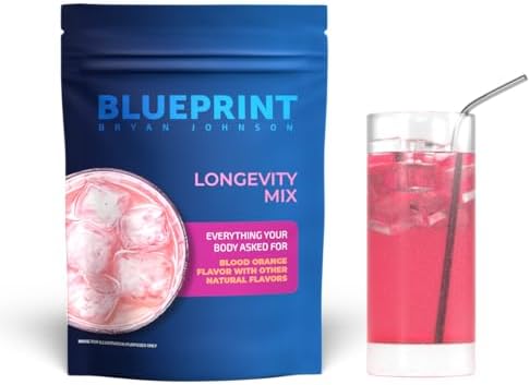 Blueprint Bryan Johnson Longevity Mix - Muscle Builder & Recovery Supplement - Promotes Focus and Balanced Mood - Magnesium, Creatine, L-Theanine, Glutathione & Vitamin C- 30 Servings, Blood Orange