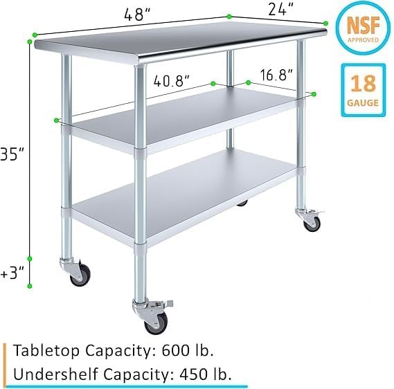 Stainless Steel Work Table with 2 Shelves and Casters | Metal Utility Table On Wheels (48" Long x 24" Deep)