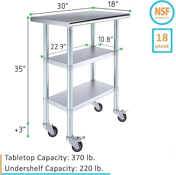 Stainless Steel Work Table with 2 Shelves and Casters | Metal Utility Table On Wheels (30" Long x 18" Deep)