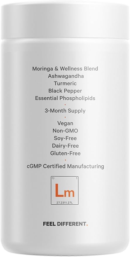 Codeage Liposomal Moringa+ Supplement, 400mg Moringa 50:1 Extract - 20,000mg Moringa Oleifera Leaf Equivalent - Turmeric, Ashwagandha, Black Pepper, 3-Month Supply, Vegan Moringa Powder - 180 Capsules