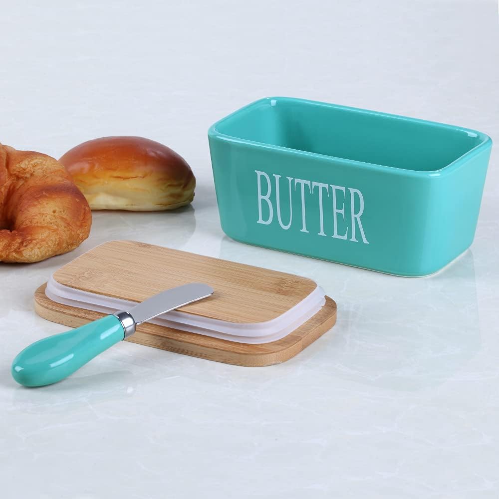 Ceramic Butter Dish with Wooden Lid, Large Butters Container Keeper Storage with Stainless Steel Knife Spreader, Bamboo Cover and Silicone Sealing Ring for West East Coast, Aqua