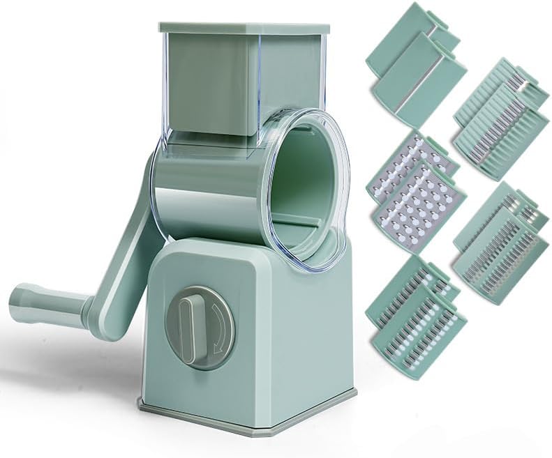 Manual Vegetable Slicer - Patented Drum Cutter w/Interchangeable Blades, Safe & Fast Hand Crank Operation - for Carrots, Cucumbers, Onions, Fruits (Upgraded Stainless Steel Blades) (Green, 5 Blades)