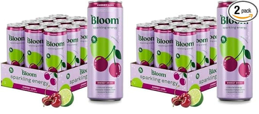 Bloom Nutrition Sparkling Energy Drink for Focus, Natural Caffeine, Zero Sugar, 180mg Caffeine, Antioxidant-Rich with Green Coffee Bean, Green Tea Extract, & Prebiotics, Cherry Lime 12oz 24 Pack