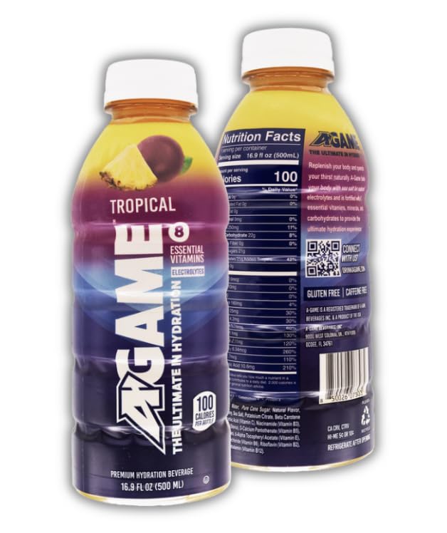 A-GAME Sports Drink, Tropical, The Ultimate Hydration Sports Beverage for Athletes, 8 Essential Vitamins including B, C, & E plus Natural Sea Salt Electrolytes, All Natural Flavors & Sweeteners, Gluten Free, 16.9 Fl Oz (Pack of 12)