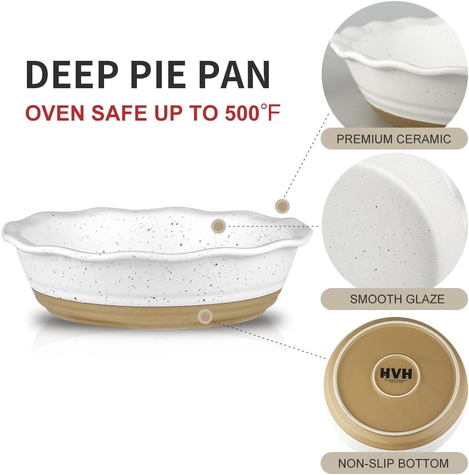 HVH 10 inch Pie Pan for Baking, Ceramic Pie Dish, Deep Dish Pie Plate for Dessert Kitchen, Deep Dish Pie Pan with Fluted Edge, Set of 2, Farmhouse Style (White)