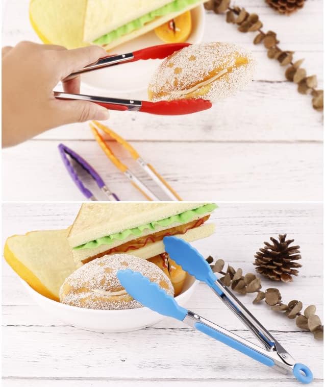 4Pcs Silicone Tongs, Kitchen Tongs 7” Non-slip & Easy Grip Stainless Steel Handle - Smart Locking Clip - Heat Resistant, Food Grade