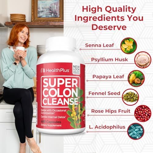Health Plus Super Colon Cleanse 120 Day Supply of Gentle Gut Cleanse Detox, Psyllium Husk, Probiotics for Constipation Relief & Digestive Support, 480 Capsules