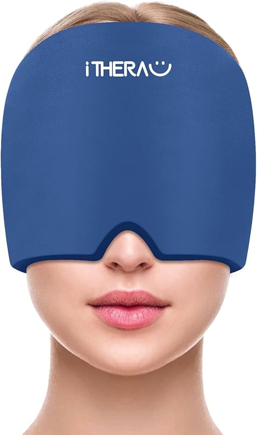 iTHERAU Migraine Relief Cap,Migraine Ice Head Wrap,Headache Ice Hat,Cold Therapy Headache Relief Cap for Migraine Eyes Mask Dark Blue Headache Ice Pack Stress Relief