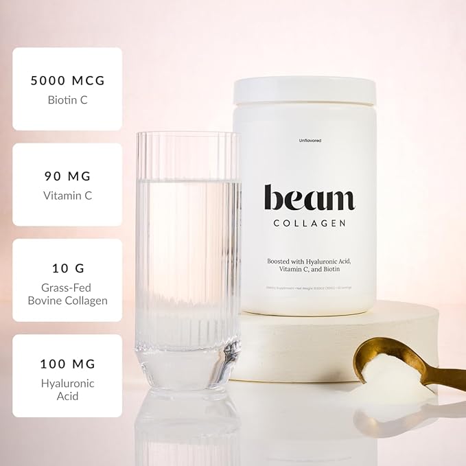 Beam Collagen Powder, Collagen for Women, Collagen with Hyaluronic Acid, Collagen Peptides Type 1 and 3, with Biotin, Grass Fed Bovine, Third-Party Tested, Best for Coffee, Vitamin C, 30 Servings