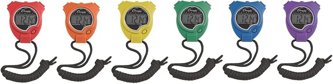 Champion Sports Stopwatch Timer Set: Waterproof, Handheld Digital Clock Sport Stopwatches with Large Display for Kids or Coach - Bright Colored 6 Pack