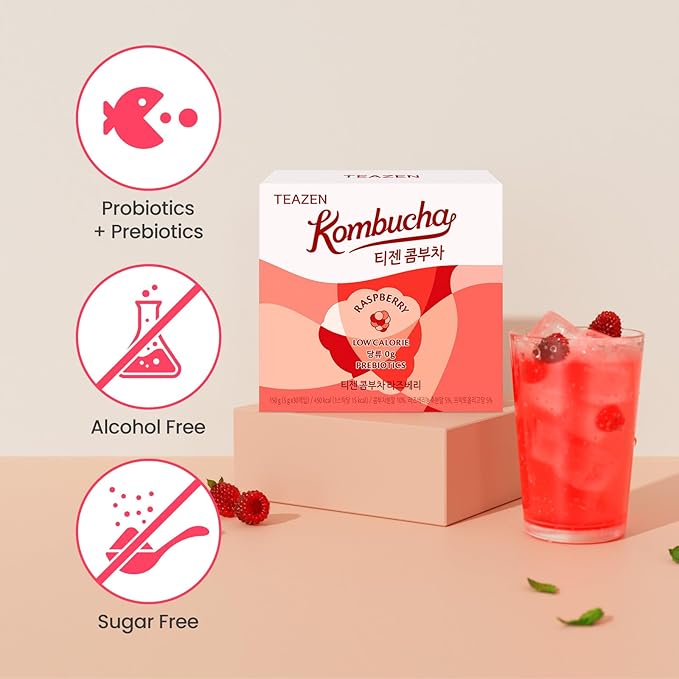 TEAZEN Raspberry Kombucha Tea, Hydration Drink Mix, Sugar Free, Live Probiotics & Prebiotics, 30 Sticks, 5.29oz