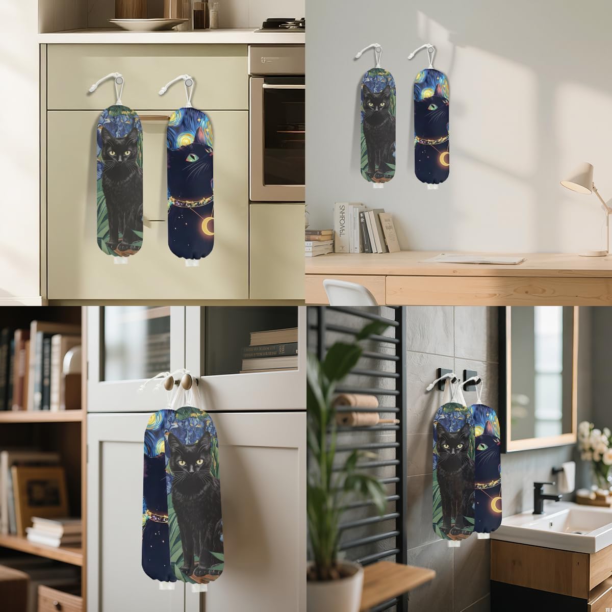 2 Pcs Cat Plastic Bag Holder, Wall Mount Plastic Bag Holders for Grocery Bags, Starry Night Cute Cats Washable Grocery Bags Storage Dispenser for Home Kitchen Decor, Cat Lover Gifts for Women