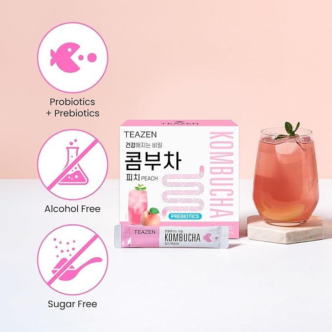 TEAZEN Peach Kombucha Tea, Hydration Drink Mix, Sugar Free, Live Probiotics & Prebiotics, 30 Sticks, 5.29oz