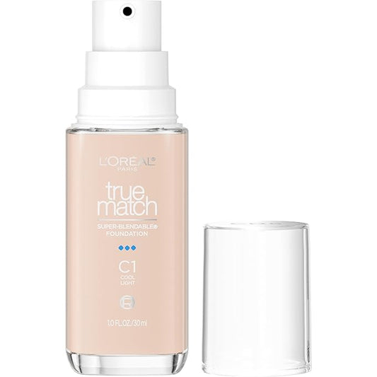 L'Oreal Paris True Match Super-Blendable Foundation, Medium Coverage Liquid Foundation Makeup, C1, Light, 1 Fl Oz