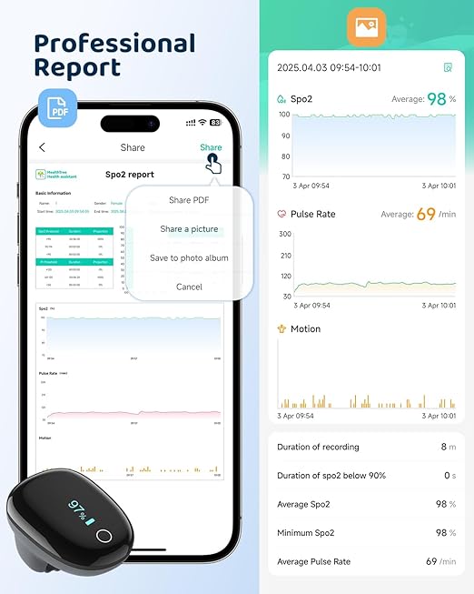 Pulse Oximeter O2 Ring Oxygen Monitor with Smart Reminder Sleep Oxygen Monitor Continuous Recording of SpO2 & PR, Blood Oxygen Saturation Rechargeable Pulse Ox with Free APP & Reports