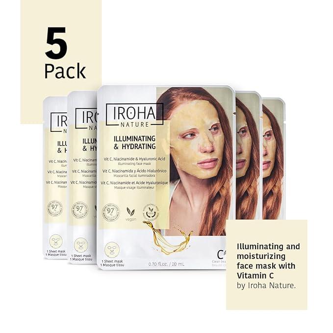 IROHA NATURE Face Masks - Packs for Better Skin (Pack of 5, Brightening & Hydrating Face Mask with Pure Vitamin C and Hyaluronic Acid)