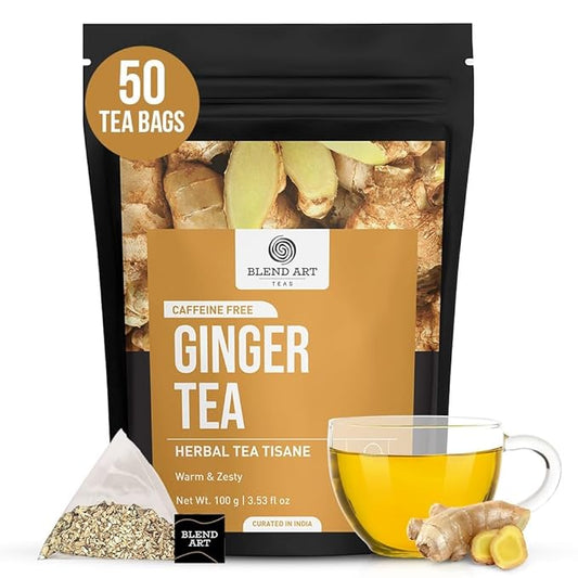 Blendart Ginger Tea Bags, 50 Tea bags - 100% Pure Ginger Root Tea Bag - Warm & Spicy Caffeine Free Ayurvedic Herbal Tea - Support Digestion & Boost Immunity Pyramid Teabags