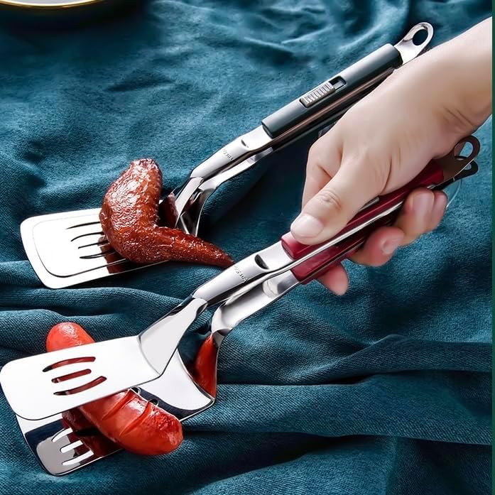 Anti-Scald Extended Handle Spatula Tongs 11.6 Inch Multifunctional Stainless Steel Cooking Tongs Food Shovel Clamp for Flipping Steak Fish Bread Hamburger BBQ Frying Pancake Pies Pizza
