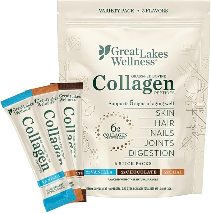 Great Lakes Wellness Collagen Peptides Powder for Skin, Hair, Nails, Joints & Digestion - Variety Flavors - Quick Dissolve Hydrolyzed, Non-GMO, Kosher - 6 Sticks - Packaging May Vary