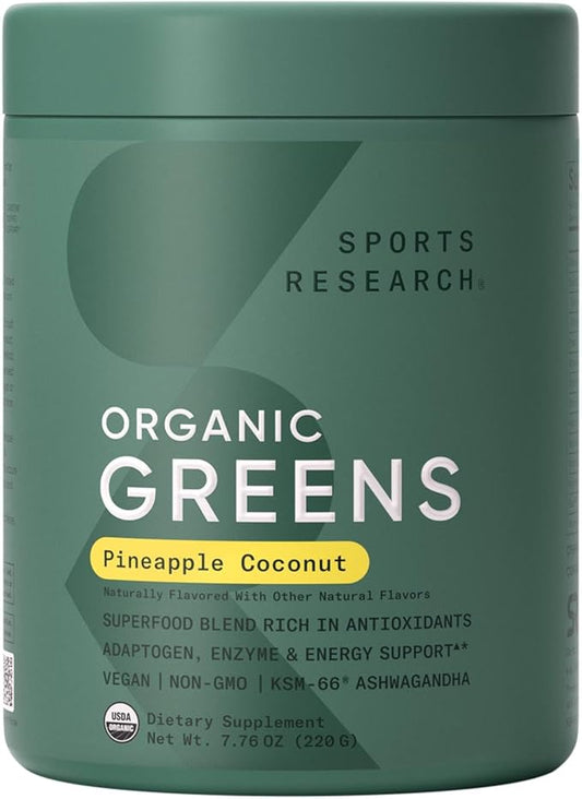 Sports Research® Organic Pineapple Coconut Greens - Digestive Health, Natural Energy & Mood Support* - Certified Organic Powder - 20 Servings