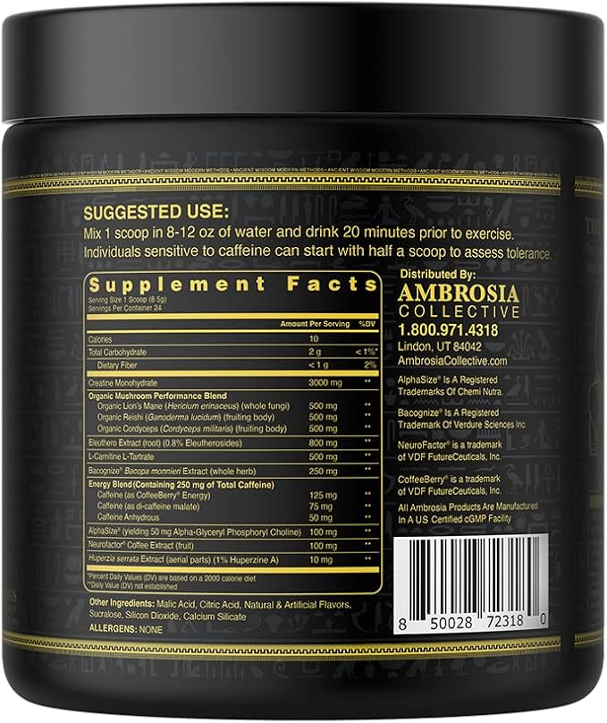 Ambrosia Kinetic Organic Preworkout, Mushroom Enhanced Natural Pre Workout Supplement, Nootropic Superfood Powder for Energy (Blue Raspberry)
