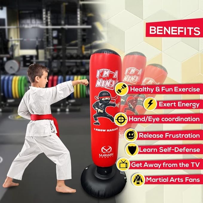 Durable Inflatable Kids Punching Bag for Karate and Boxing โ Bounce-Back Martial Arts Bag for Boys and Girls, Great Birthday Gift to Relieve Energy and Build Skills for Boys Ages 4-12