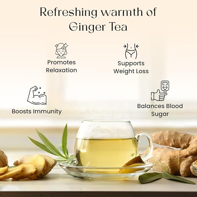 Blendart Ginger Tea Bags, 50 Tea bags - 100% Pure Ginger Root Tea Bag - Warm & Spicy Caffeine Free Ayurvedic Herbal Tea - Support Digestion & Boost Immunity Pyramid Teabags