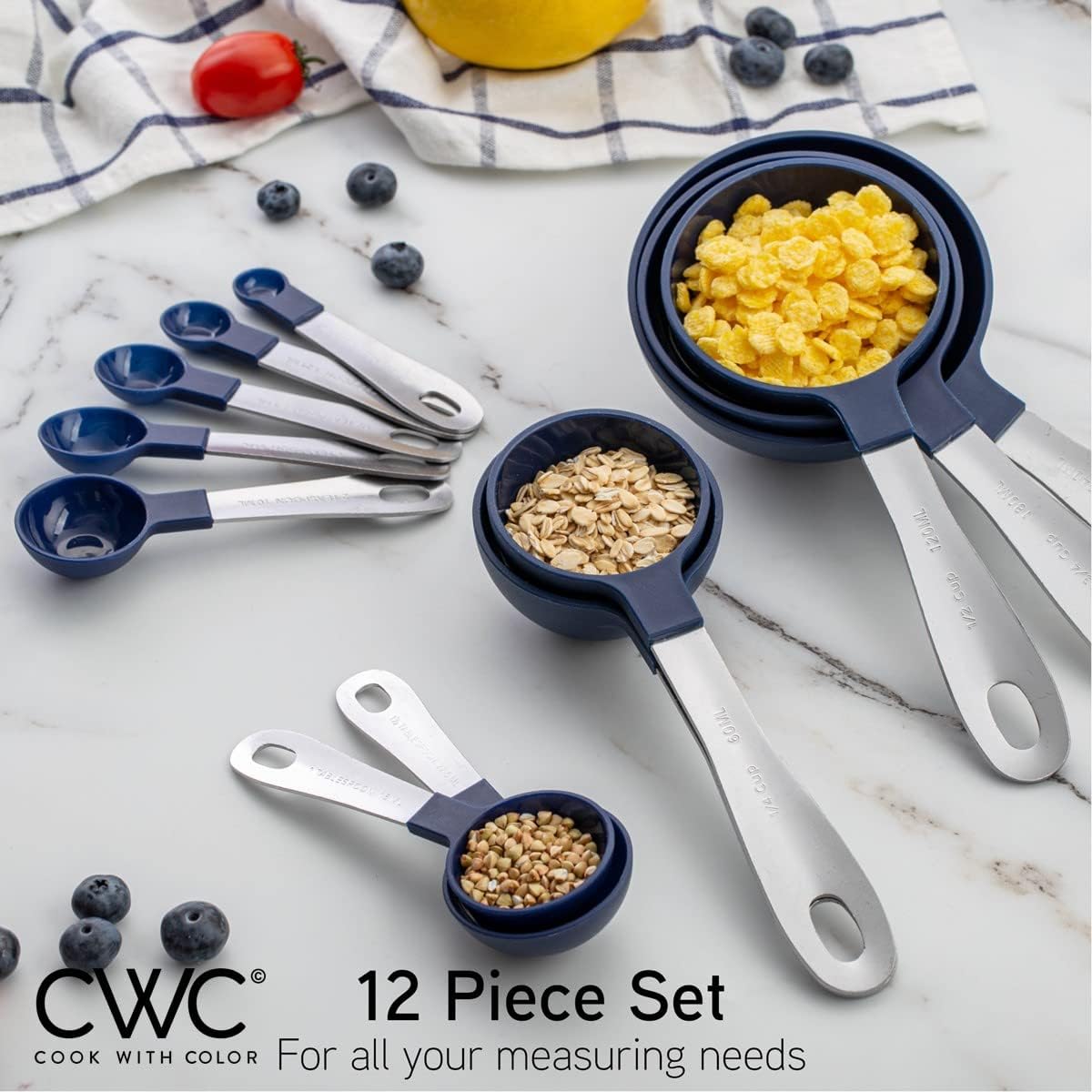COOK WITH COLOR Measuring Cups Set and Measuring Spoon Set, Stainless Steel Handles, Nesting Kitchen Measuring Set, Liquid Measuring Cup Set, 12 PC Stainless Steel, Navy