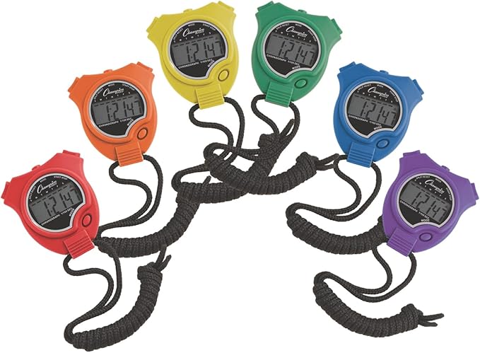 Champion Sports Stopwatch Timer Set: Waterproof, Handheld Digital Clock Sport Stopwatches with Large Display for Kids or Coach - Bright Colored 6 Pack