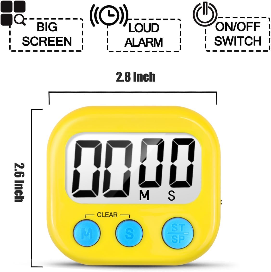 2 Pack Digital Kitchen Timer for Cooking Big Digits Loud Alarm Magnetic Backing Stand Cooking Timers for Baking Yellow