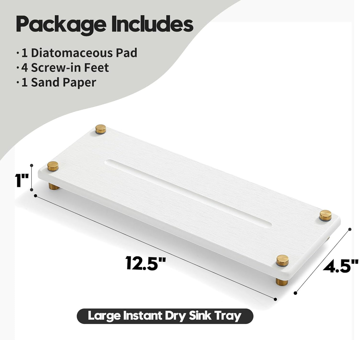 Water Absorbing Stone Sink Caddy Kitchen Sink Organizer Tray, Diatomite Bathroom Counter Tray, Gold Faucet Drying Mat Coaster Soap Dish Rack Riser Dispenser Sponge Holder, White 12.5" x 4.5"