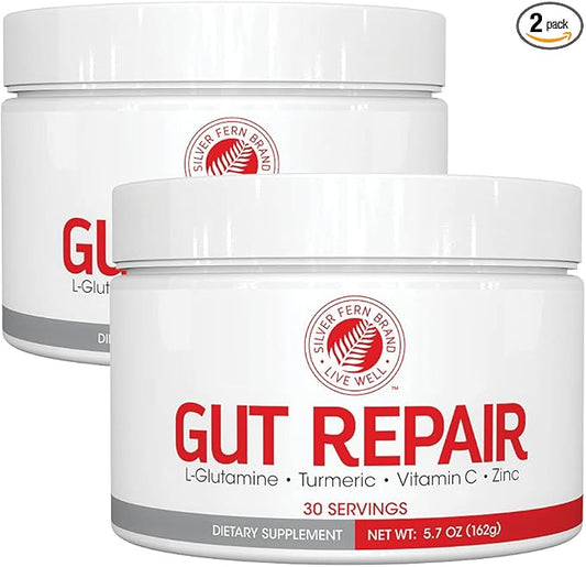 Silver Fern Gut Repair - Digestive Health Supplement Powder - L-Glutamine, Curcumin, Zinc & Ascorbic Acid (2 Tubs - 60 Servings)
