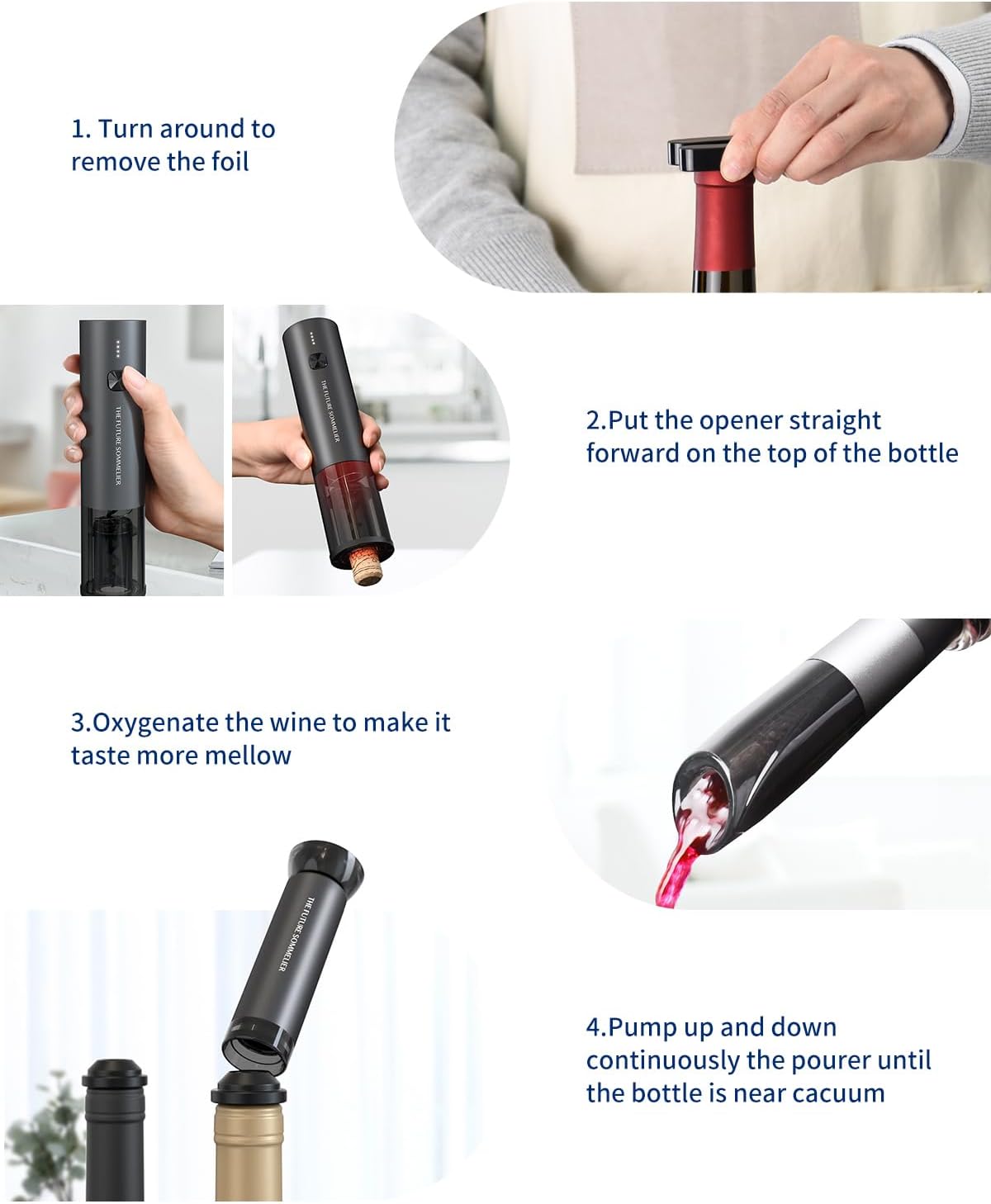 CIRCLE JOY Rechargeable Electric Wine Opener Set 7-in-1 Aluminum Alloy Wine Gift Set with Electric Corkscrew, Foil Cutter, Wine Pourer, Charging Base, Vacuum Pump and 2 Wine Stoppers