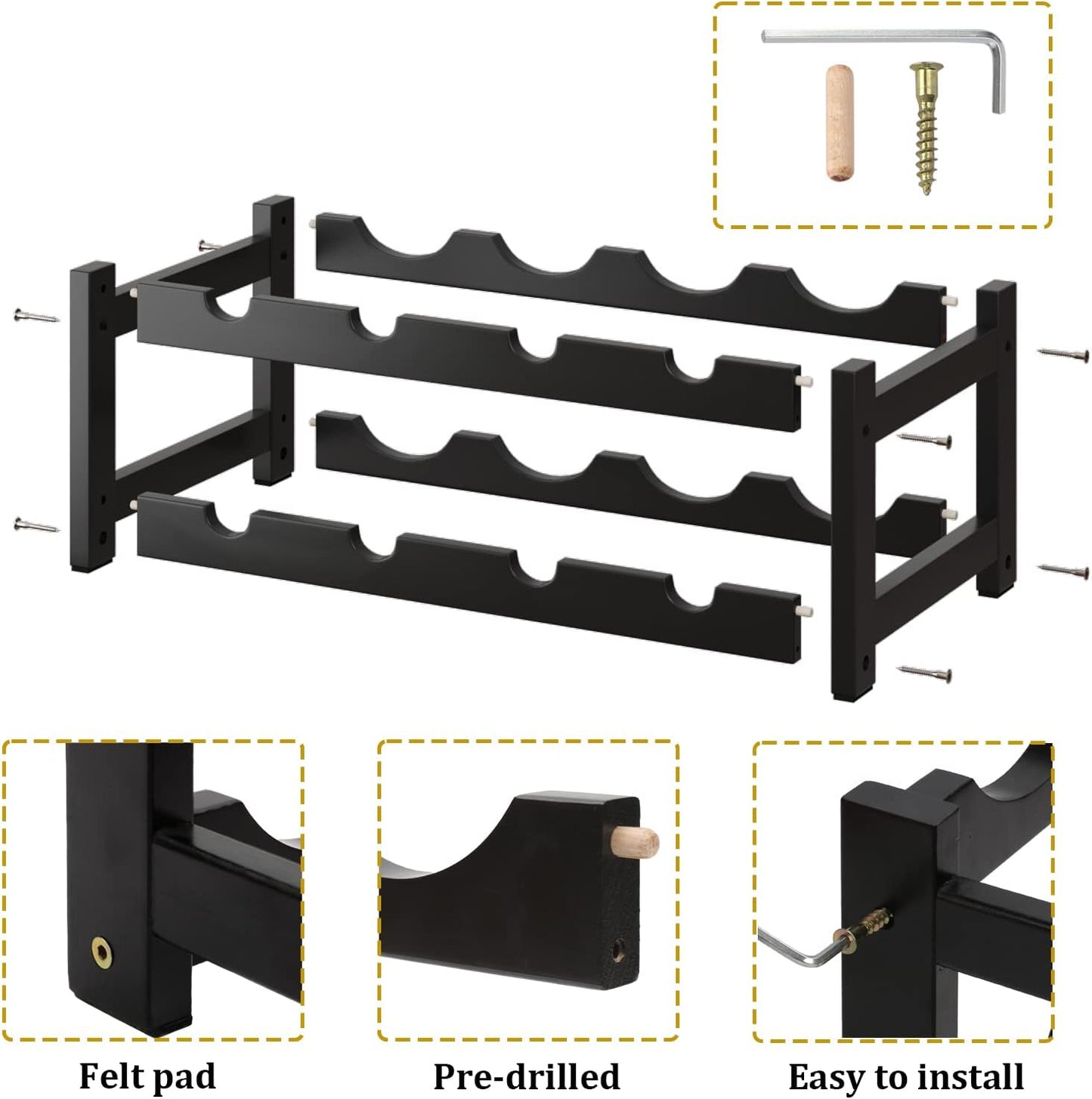 BAMEOS Wine Rack Freestanding 8 Bottle 2 Tier Bamboo Wine Racks Countertop Cabinet Wine Holder Wine Storage Shelf for Kitchen, Bar, Pantry, Wine Cellar, Countertop Black (16.85 L x 9.25W x 7H)