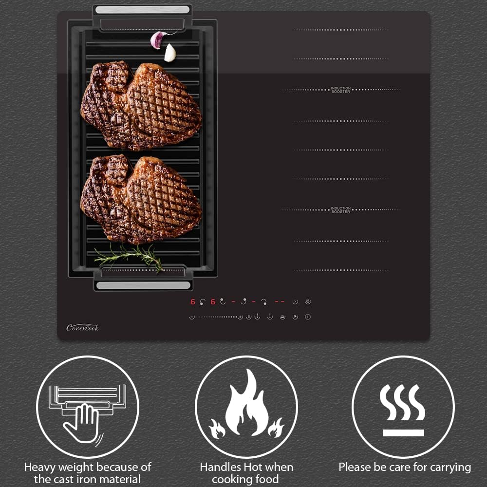 COVERCOOK Griddle Pan, Cast Iron Grill Hot Plate, Rectangular Grill, 2 handles with Flat and Ridged Surface for Induction Electric Cooktop,16.7 x 9.1inch