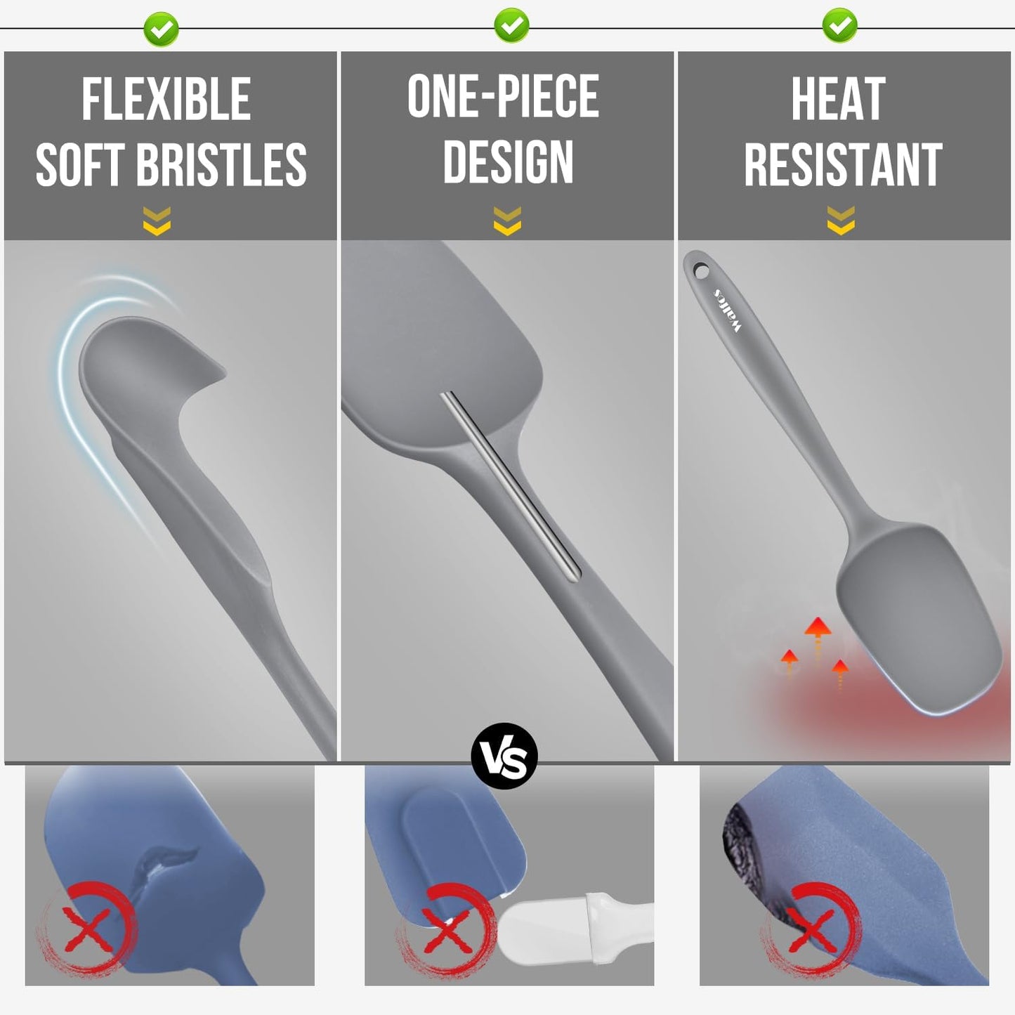 Walfos Silicone Spatula -5 Pieces Heat Resistant Kitchen Spoon Spatulas(600°F), Strong Steel Core and One-Pieces Seamless Design, Prefect for Cooking Mixing Baking - BPA Free and Dishwasher Safe,Gray