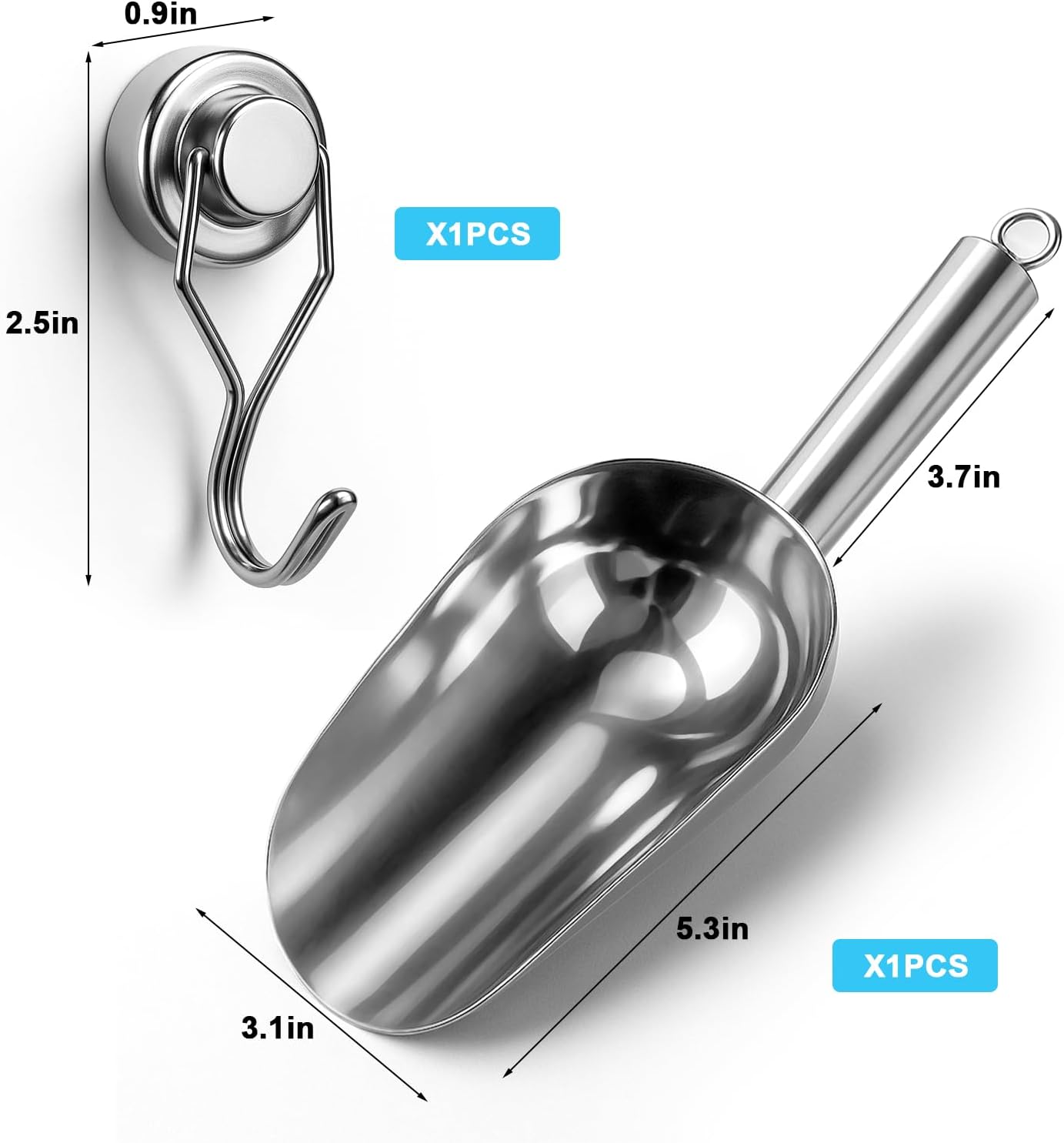 Stainless Steel Ice Scoop for Freezer with Magnetic Hook - Ice Scoop for GE Profile Opal 2.0 Nugget Ice Maker, for Kitchen Ice Bucket Bar Party Accessories