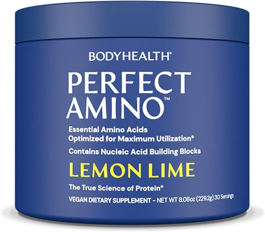 BodyHealth PerfectAmino Powder - BCAA and EAA Powder for Pre and Post Workout - Amino Acid Energy Drink for Men and Women to Support Lean Muscle and Recovery - Lemon Lime - 30 Servings