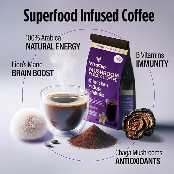 VitaCup Focus Mushroom Coffee Grounds, Vanilla Flavored Coffee with Lions Mane, Chaga, B Vitamins, D3, Boost Focus, Immunity, Memory & Clarity, Medium Dark Roast, 100% Arabica Specialty, 4 bags, 10oz each
