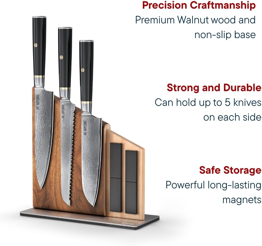 Yatoshi Knives Magnetic Kitchen Knife Block Set - Japanese 67 Layer High-Grade VG-10 Steel Knives, Sharp, G10 Handle Professional Kitchen Knife Set - Black Damascus (6 pieces)
