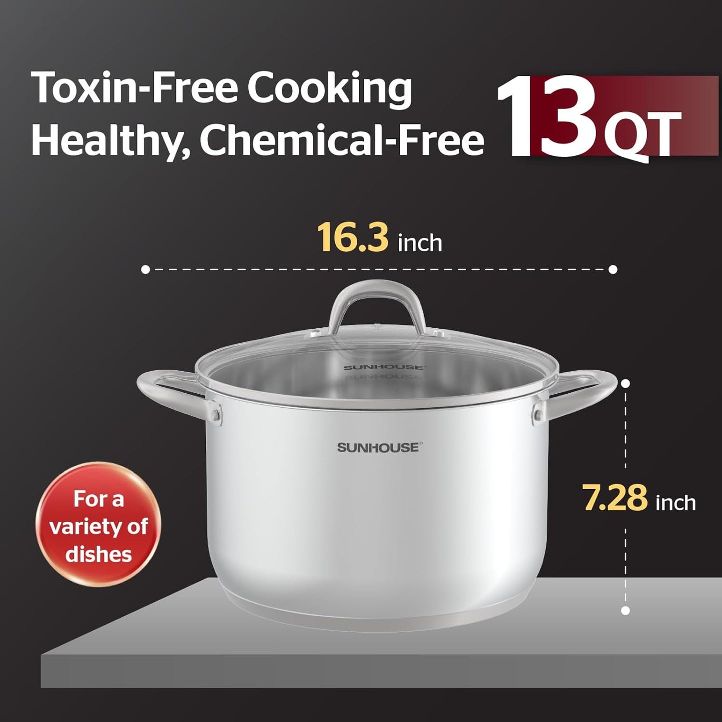 SUNHOUSE 13-Quart Stainless Steel Stockpot w/Tempered Glass Lid - Heavy-Duty, Food-Grade Cookware for Simmering, Boiling, and Induction Cooking - Exceptional Heat Distribution