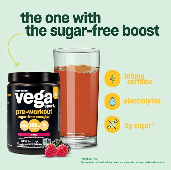 Vega Sport Sugar Free Pre-Workout Energizer, Strawberry Lemonade - Pre Workout Powder for Women & Men, Supports Energy and Focus, Electrolytes, Vegan, Keto, Gluten Free, Non GMO, 4.3 oz