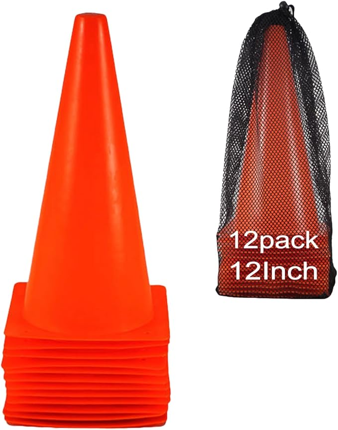 12 Inch Traffic Training Cones, 12 Pack Cones Sports Training Agility Plastic Safety Parking Cones, Agility Field Marker Cones for Soccer Basketball Football, Outdoor Sport Activity