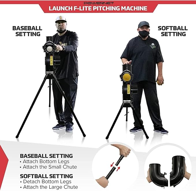PowerNet Launch F-lite Softball & Baseball Pitching Machine, Dimpled Practice Balls, Bucket of Baseballs, Coaching Bucket Bundle for Pitching Machine, Baseball Training Equipment