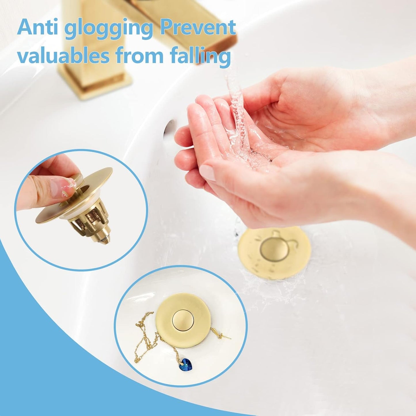 Gold Bathroom Sink Stopper,Pop Up Drain Stopper for Bathroom Sink,2-in-1 Sink Stopper & Strainer,Universal Wash Basin Sink Stopper,Suitable for 1.1"~1.5" Bathroom Sink Drain Pipe(Gold Matte Brushed)